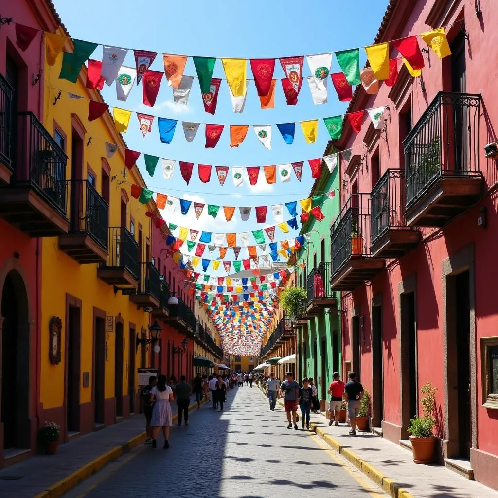 Vibrant Mexican street scene with traditional decorations.