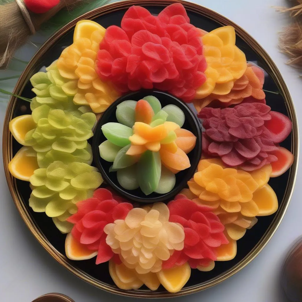 An assortment of colorful Vietnamese fruit candies (Mứt) arranged on a platter.