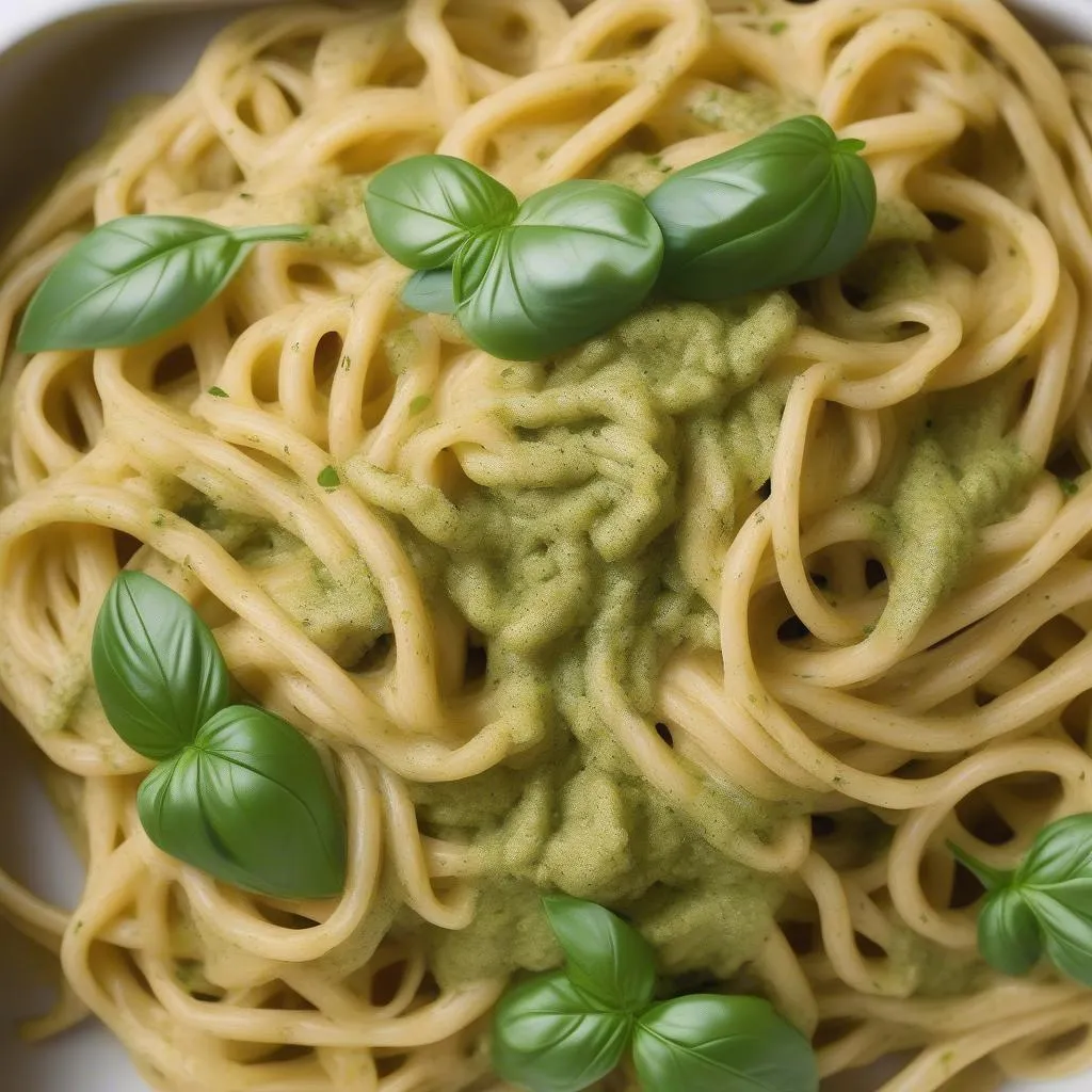 Square image of a colorful pasta dish with fresh basil