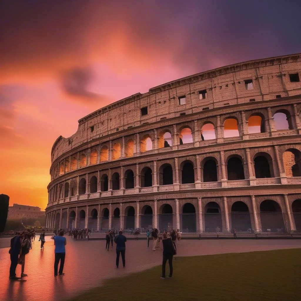 Colosseum at sunset with tourists