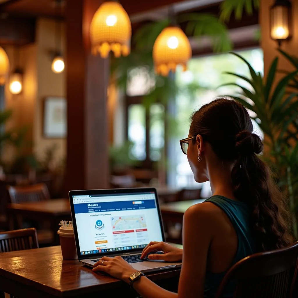 Tourist comparing health insurance plans on a laptop in a Hanoi cafe