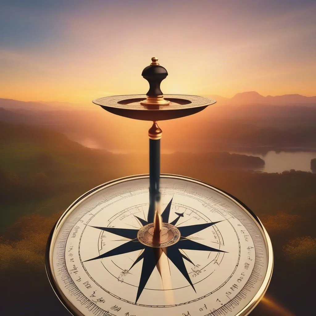 Compass pointing east towards sunrise