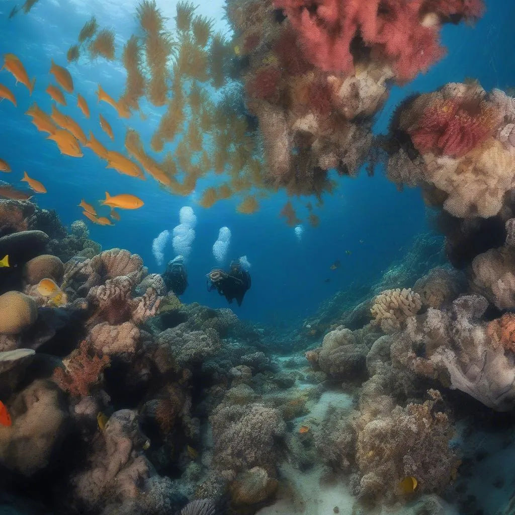 Divers exploring a coral reef near Con Son Island