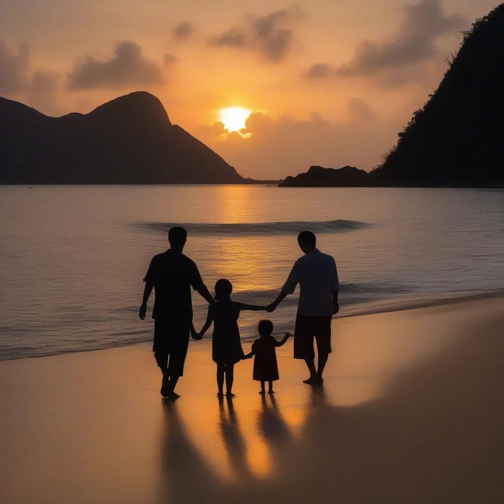 Con Dao sunset family silhouette