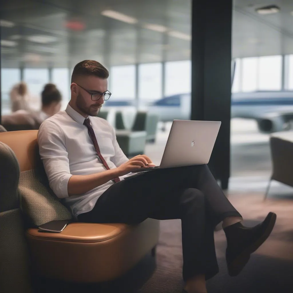 Consultant working on laptop in airport lounge