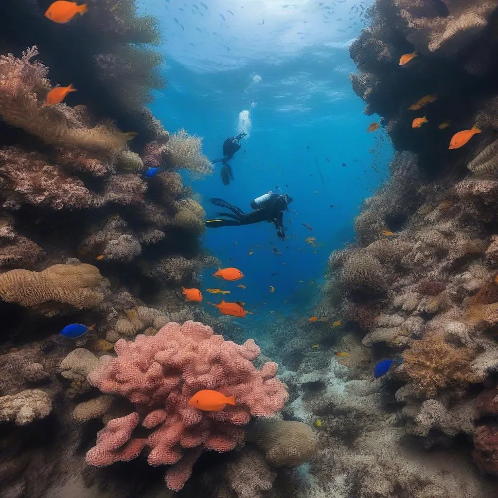 Divers exploring vibrant coral reef