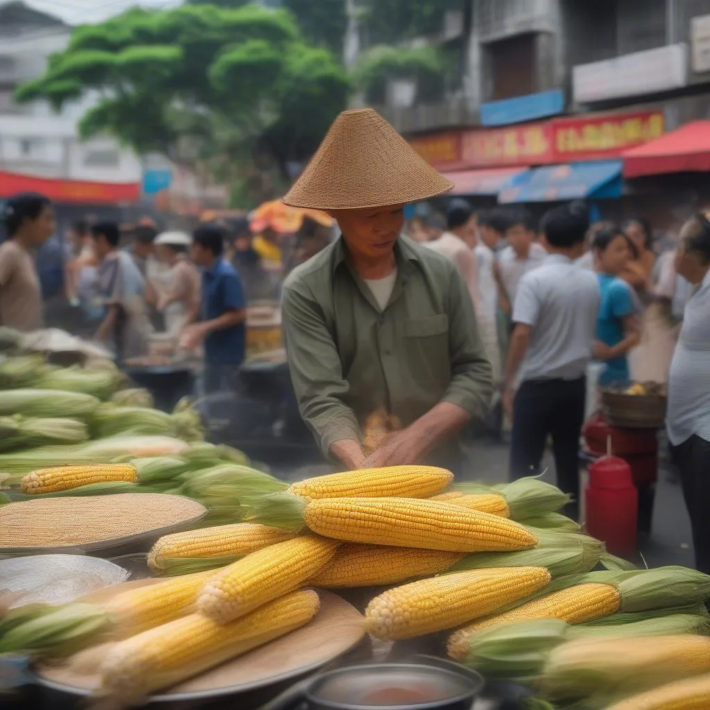 A vendor selling corn on the cob in a bustling street market in Hanoi, Vietnam.