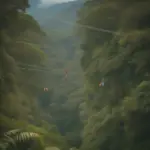 Tourists ziplining through a lush Costa Rican rainforest