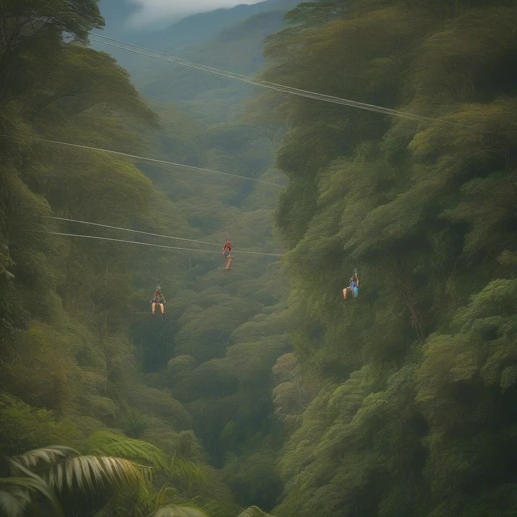 Tourists ziplining through a lush Costa Rican rainforest