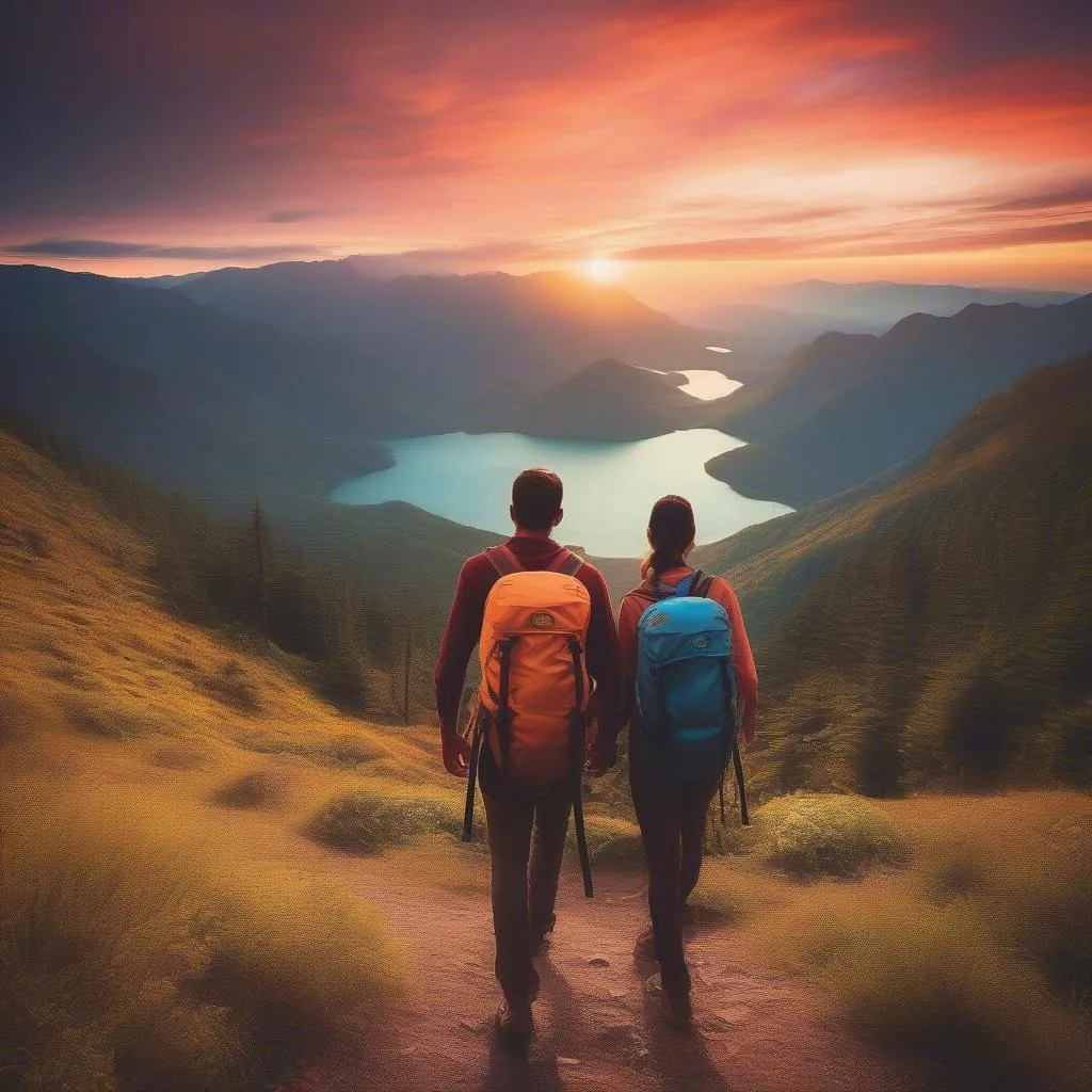 Couple Backpacking on Mountain Trail at Sunset