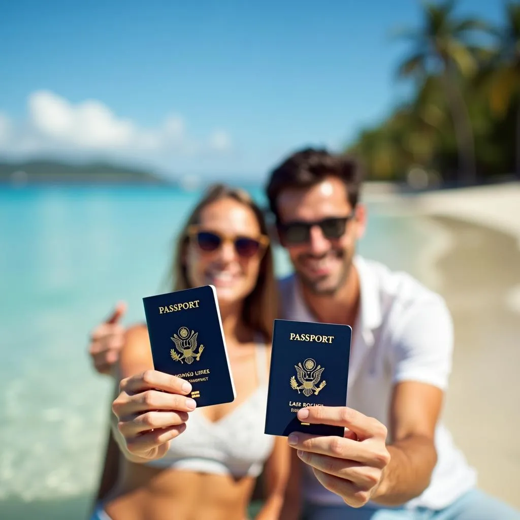 Couple Relaxing on a Beach in the Caribbean with their US Passport Cards