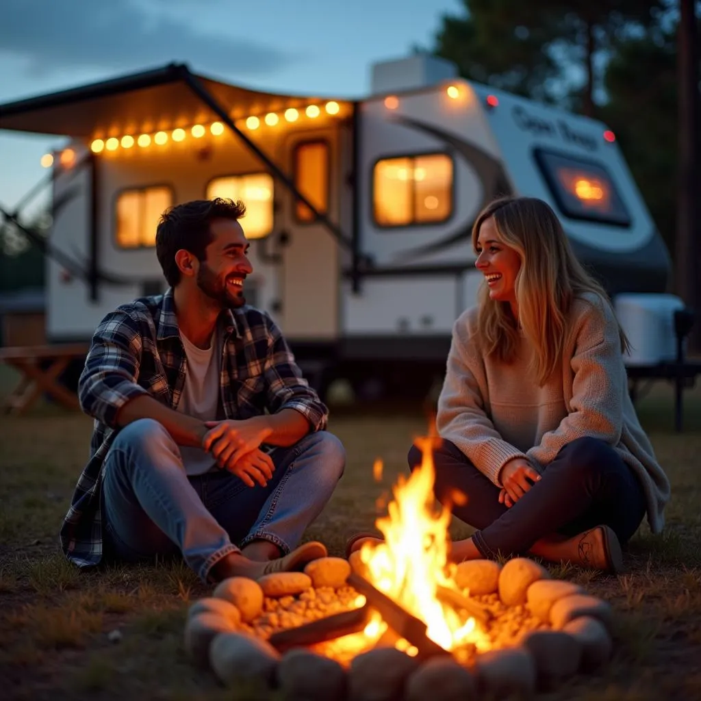 A couple enjoys a campfire beside their Open Range travel trailer