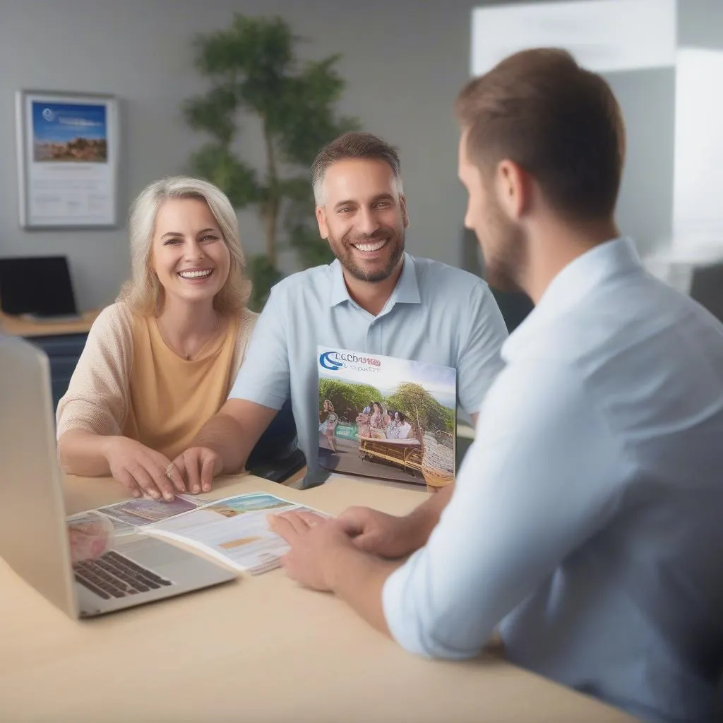 Couple discussing Globus tour options with a travel agent