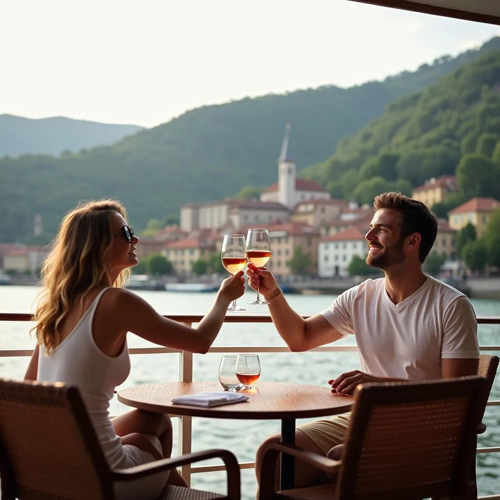 Couple enjoying a glass of wine on a river cruise with a scenic European town in the background