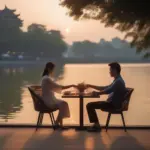 Couple enjoying dinner by Hanoi lake