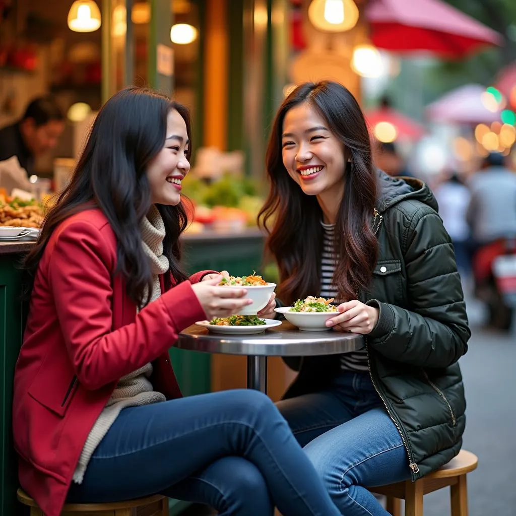 Couple enjoying street food in Hanoi's Old Quarter