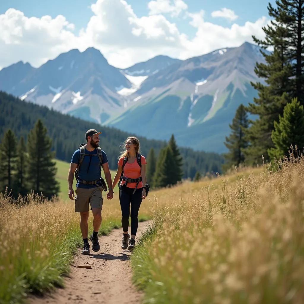 Couple hiking on a trail with scenic mountain views