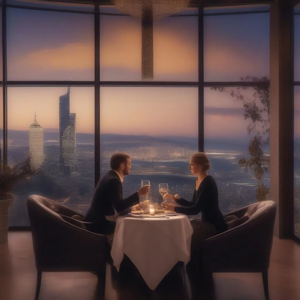 Couple dining at a fancy restaurant with a scenic view, indicative of a luxury tour