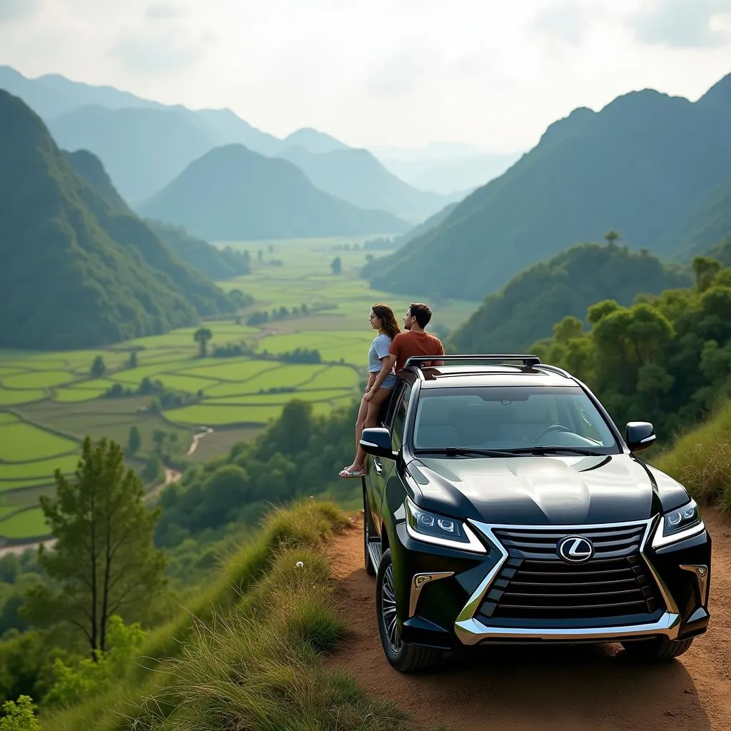 Couple admiring the view from their Lexus 570