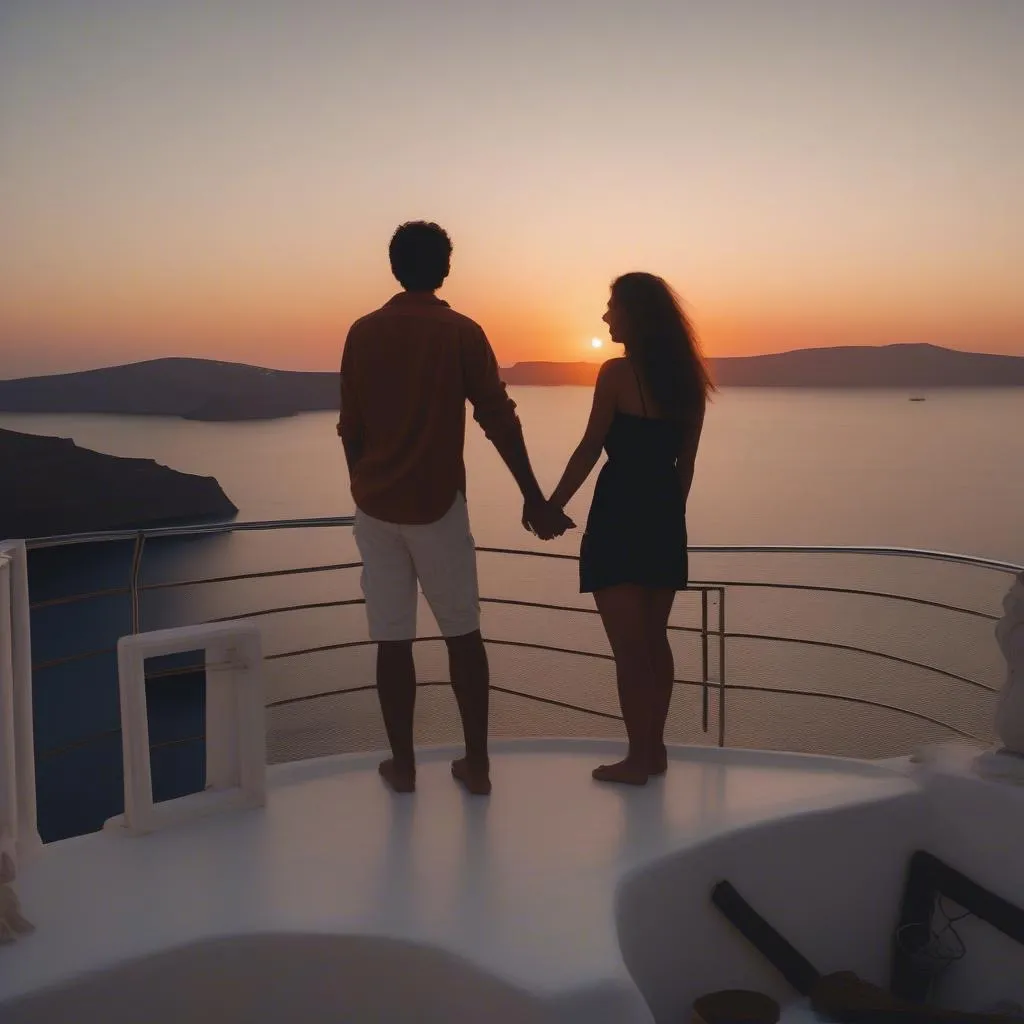 Couple enjoying a sunset cruise in Santorini