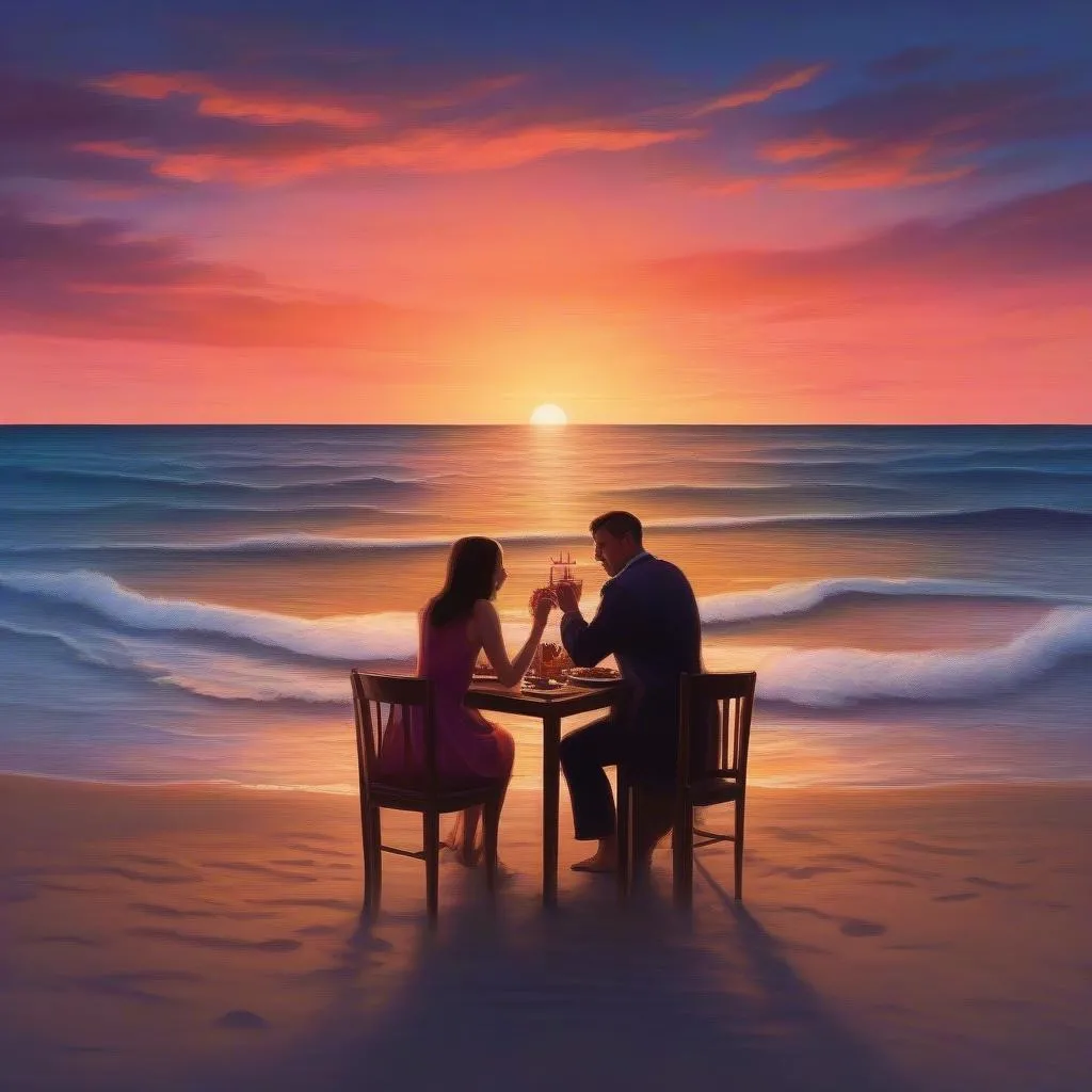 Romantic Couple enjoying Dinner with Sunset