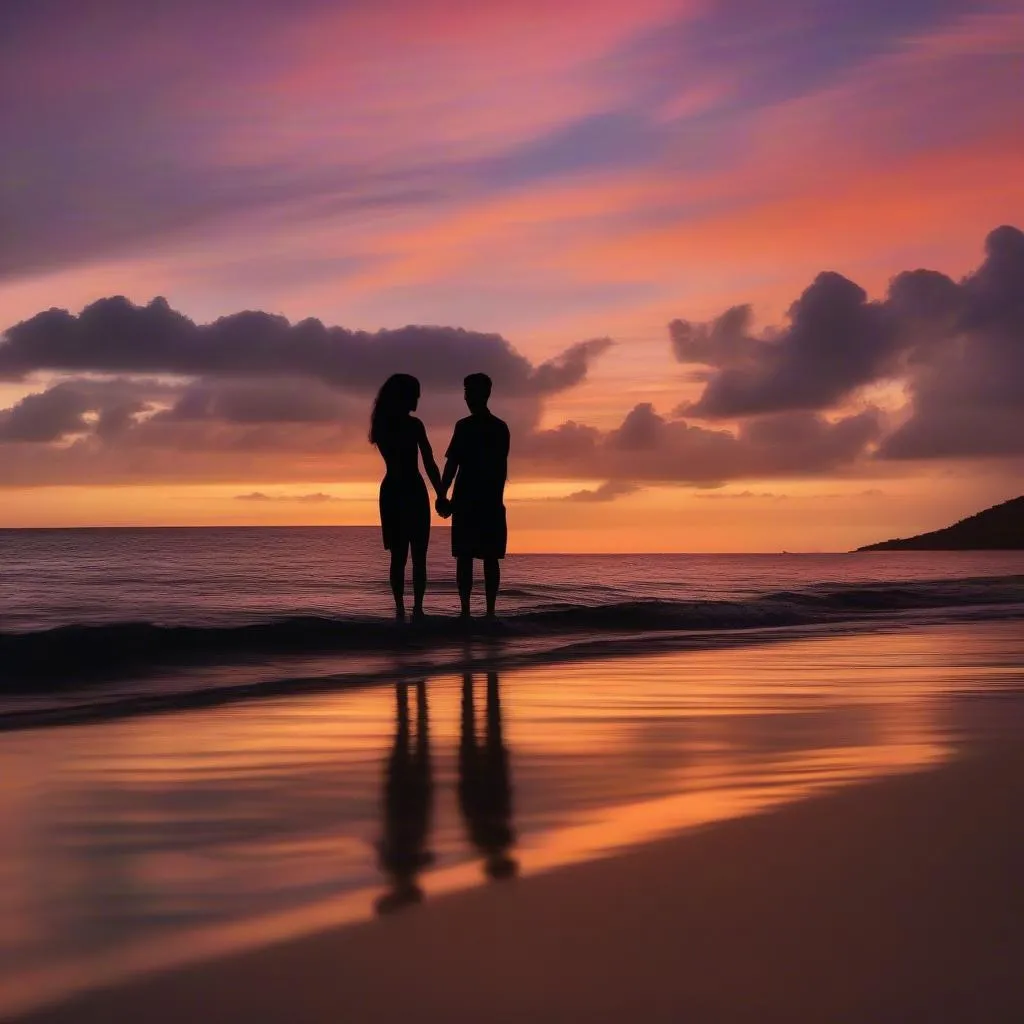 Couple watching sunset on a Caribbean beach