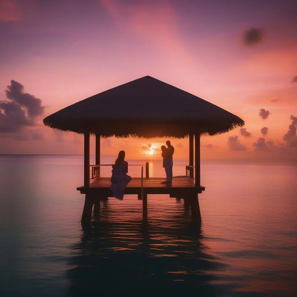 Couple Enjoying Sunset Over Water Villa in the Maldives