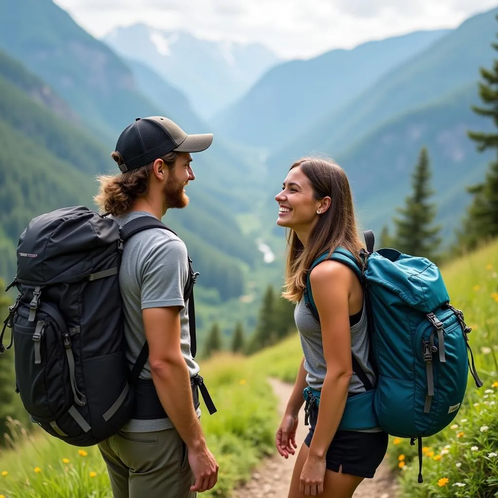 Couple hiking on a mountain trail