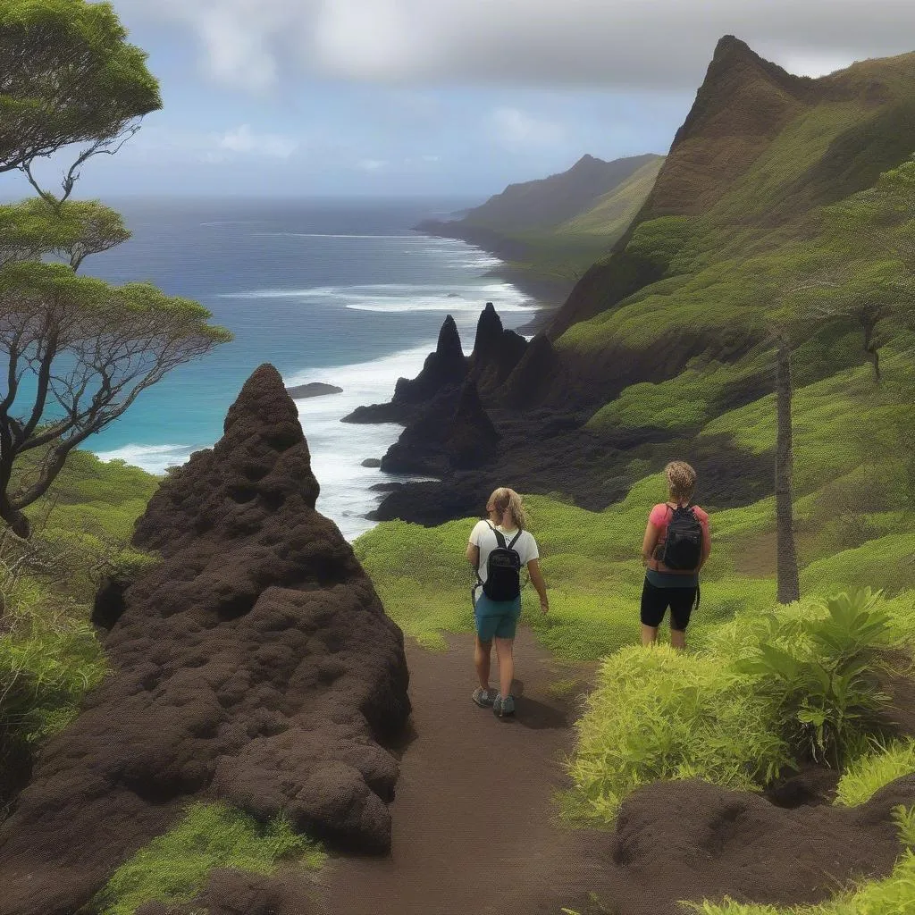 Couple hiking on a volcanic trail in Hawaii