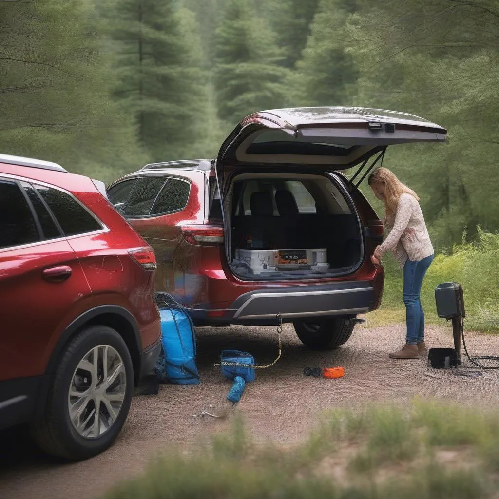 Couple hitching travel trailer to SUV