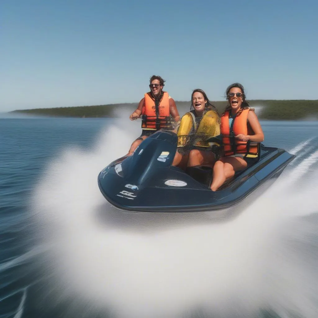 Couple riding jet boat on ocean