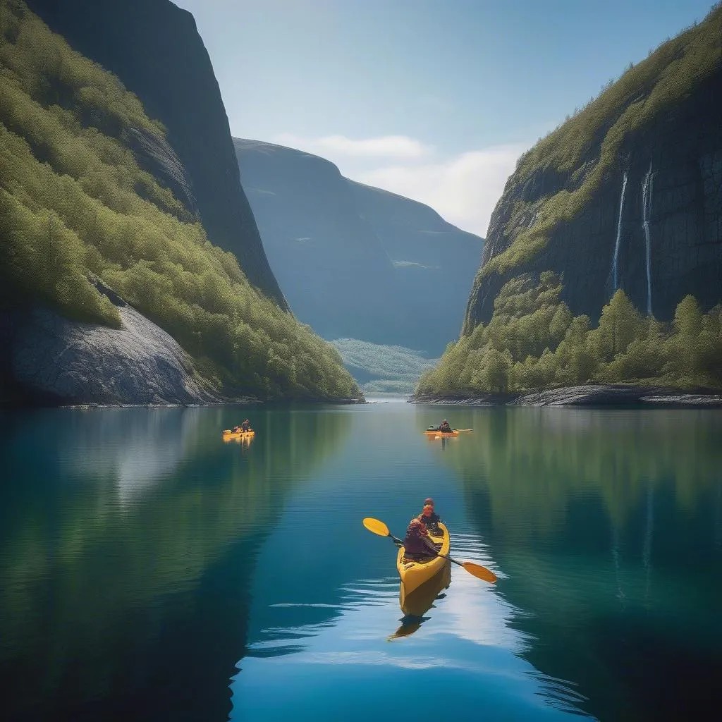 Couple kayaking on a fjord in Norway