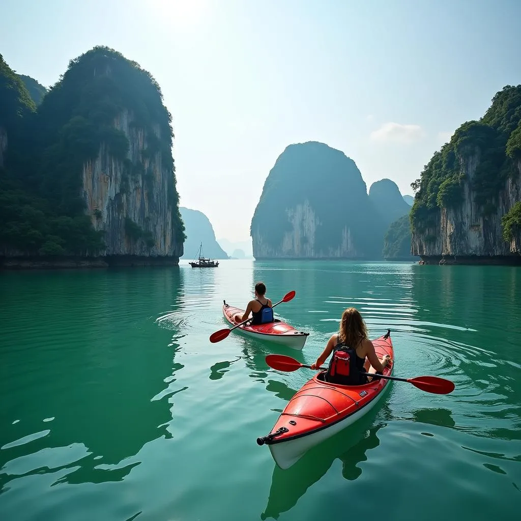 Couple kayaking together in Ha Long Bay