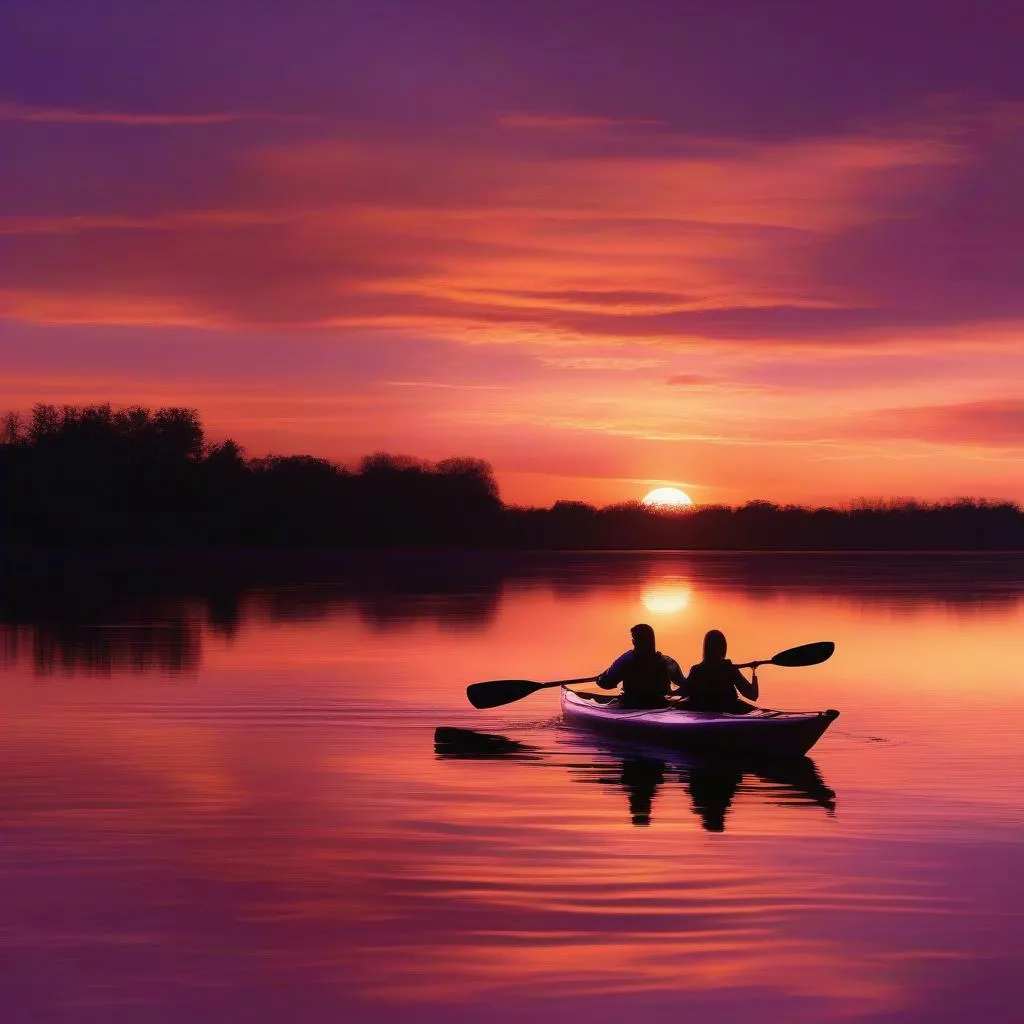 Couple kayaking during sunset