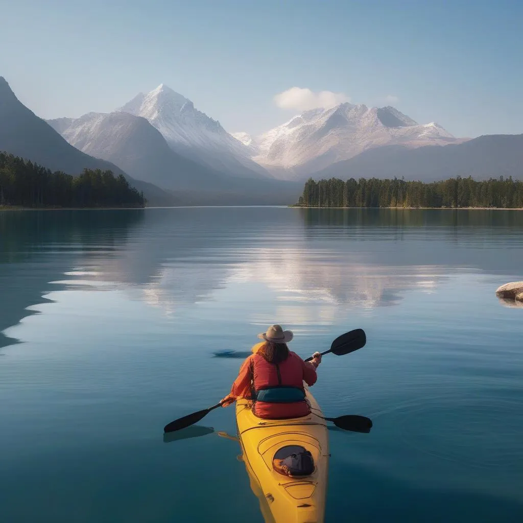 Couple kayaking on a picturesque lake with mountains