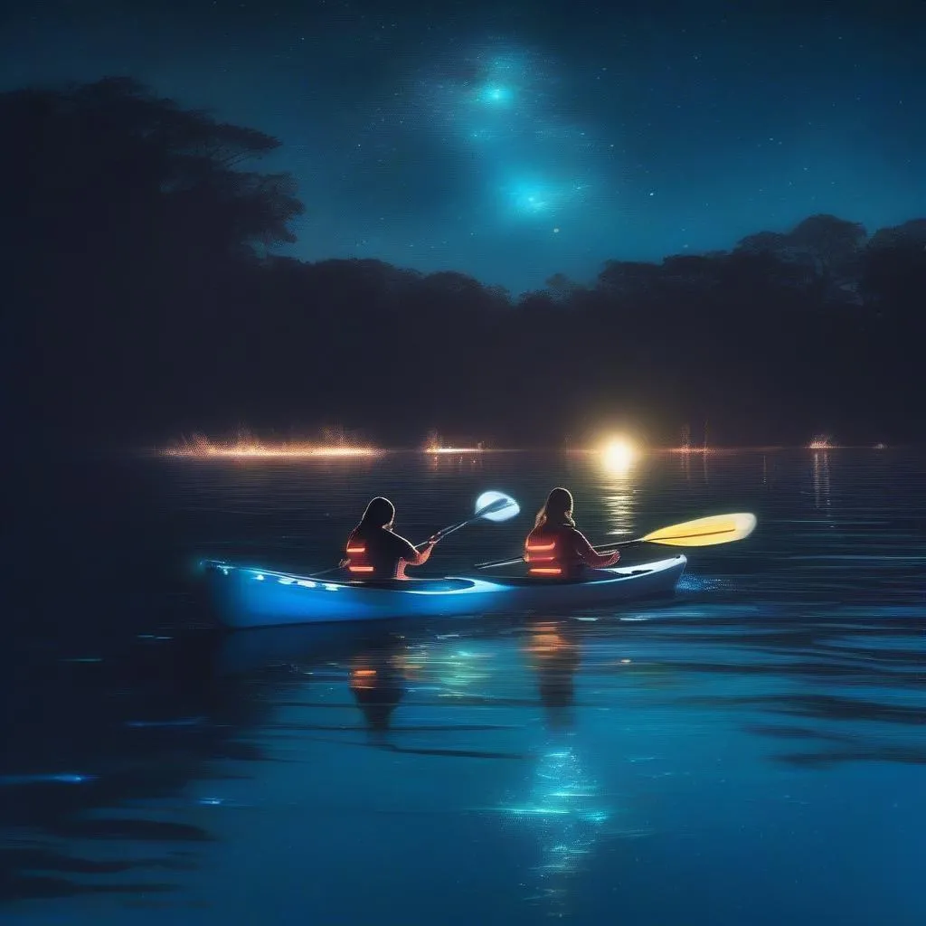 Couple kayaking in a bioluminescent bay in Puerto Rico at night