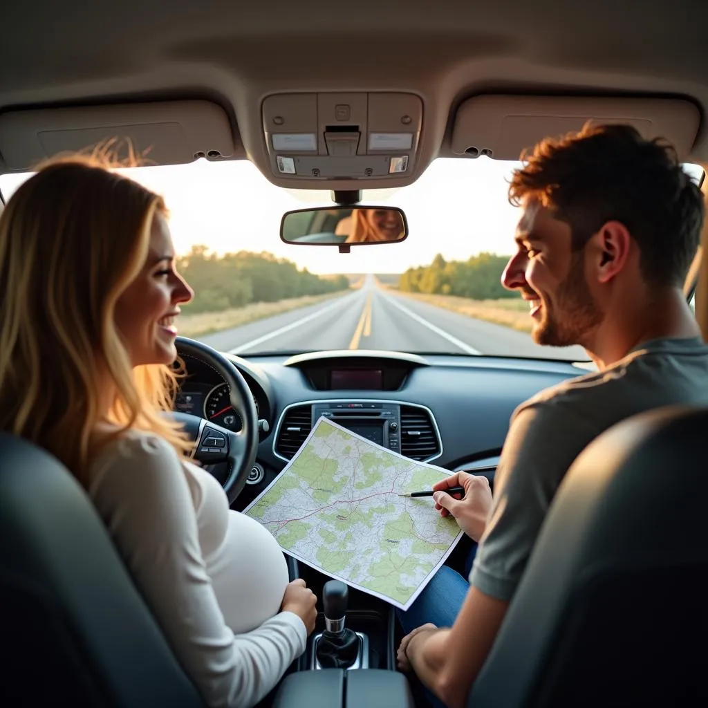 Couple planning a road trip using a map