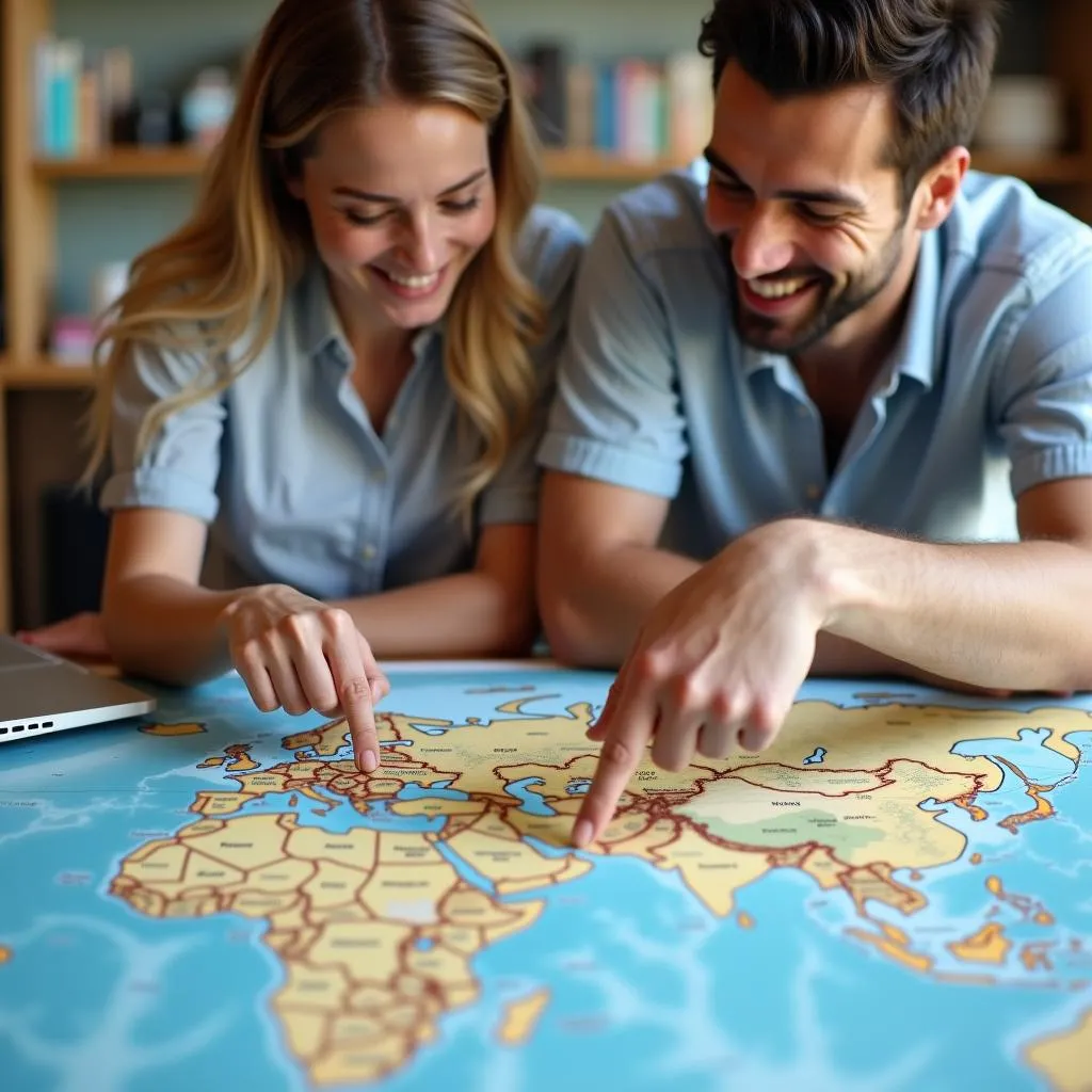 Couple planning their cruise using a map and laptop