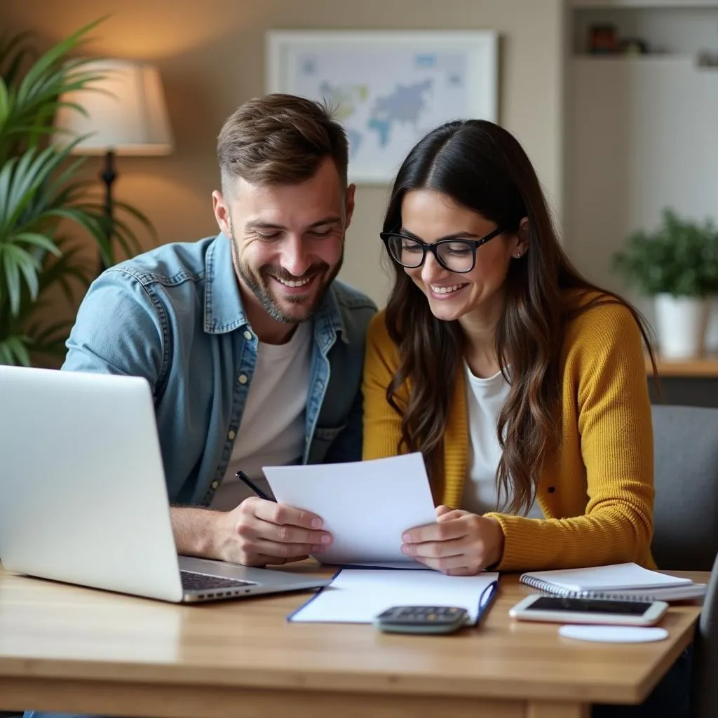 Couple planning their travel budget