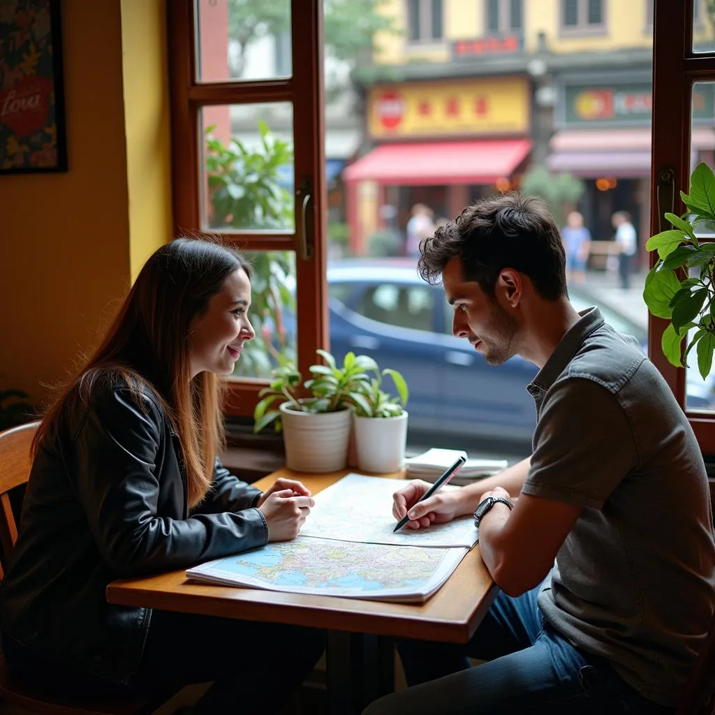 Couple researching travel options in a Hanoi cafe