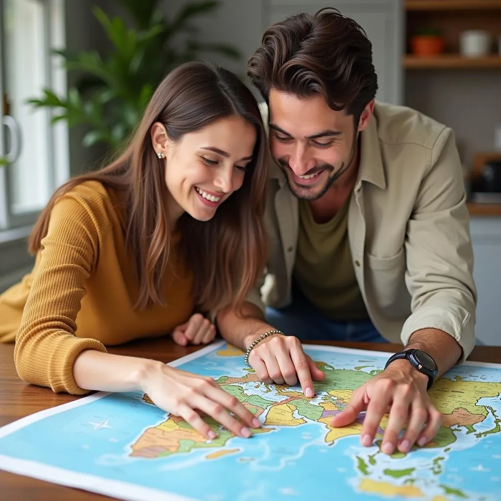 Couple planning a trip using a map