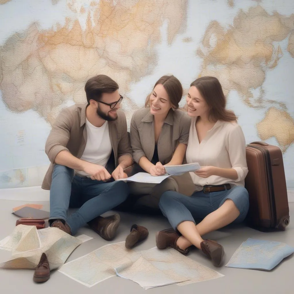 Couple planning a trip with a map and luggage