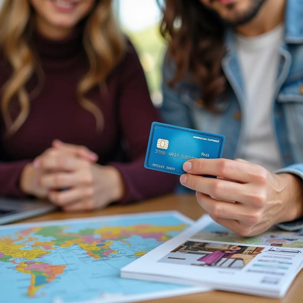 Couple planning a trip using a laptop and American Express card