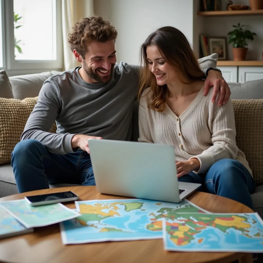 Couple planning a trip using a laptop