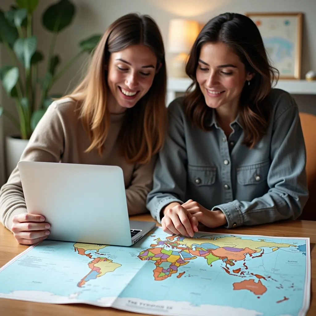 Couple planning a trip using a map and laptop