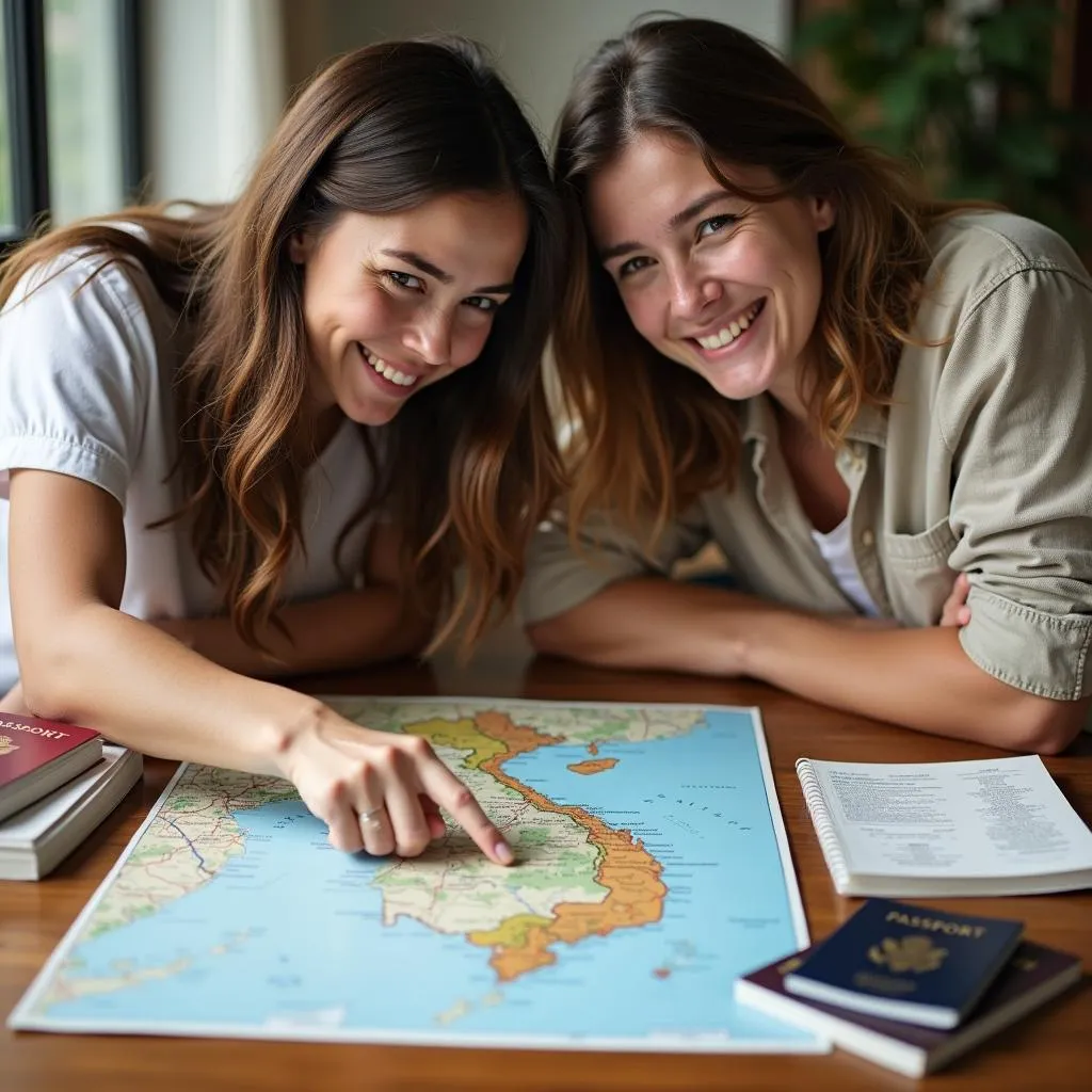 Couple planning a trip to Vietnam with a map and travel documents