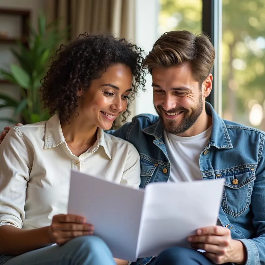 Couple reviewing travel insurance policy details.