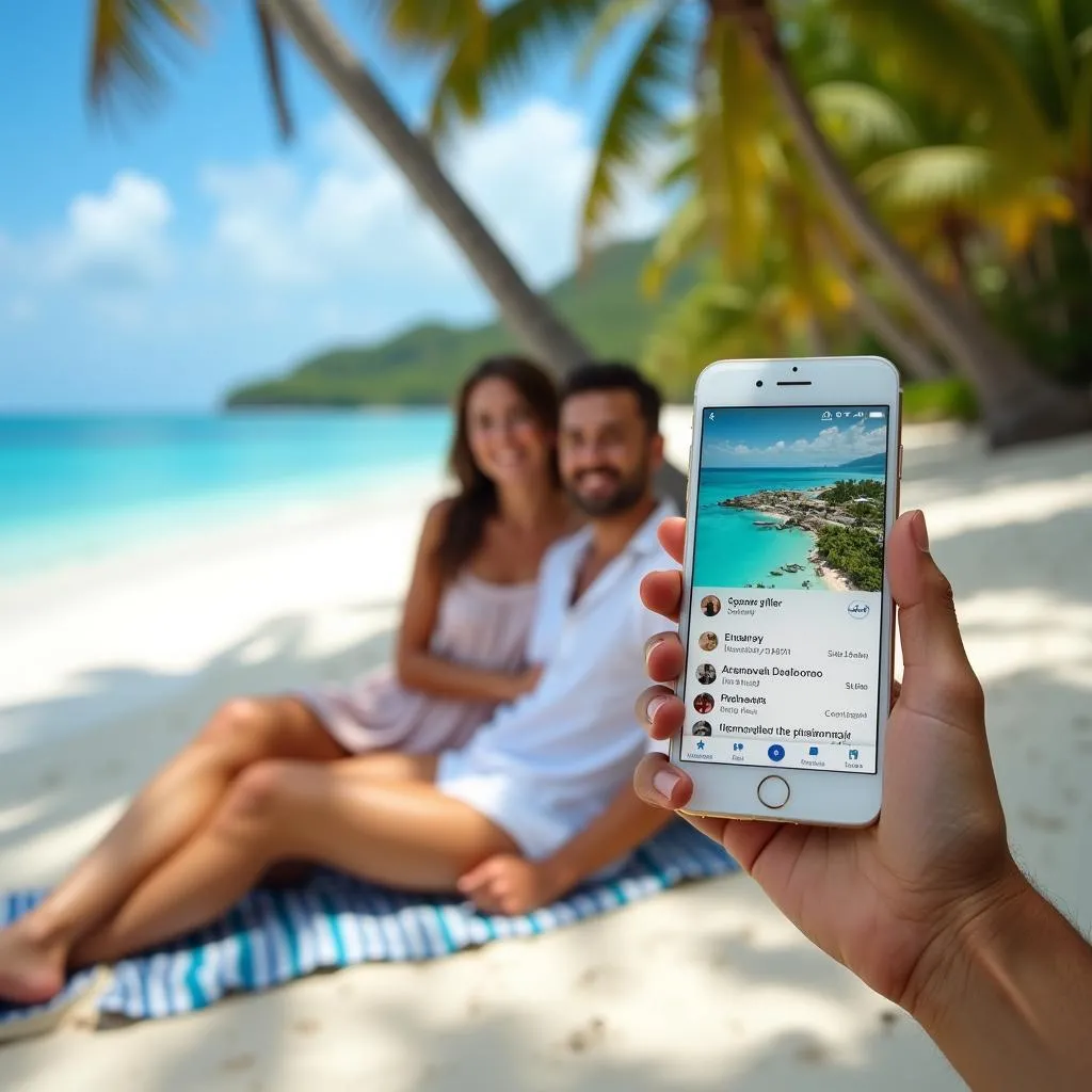 Couple relaxing on beach with travel arrangements made