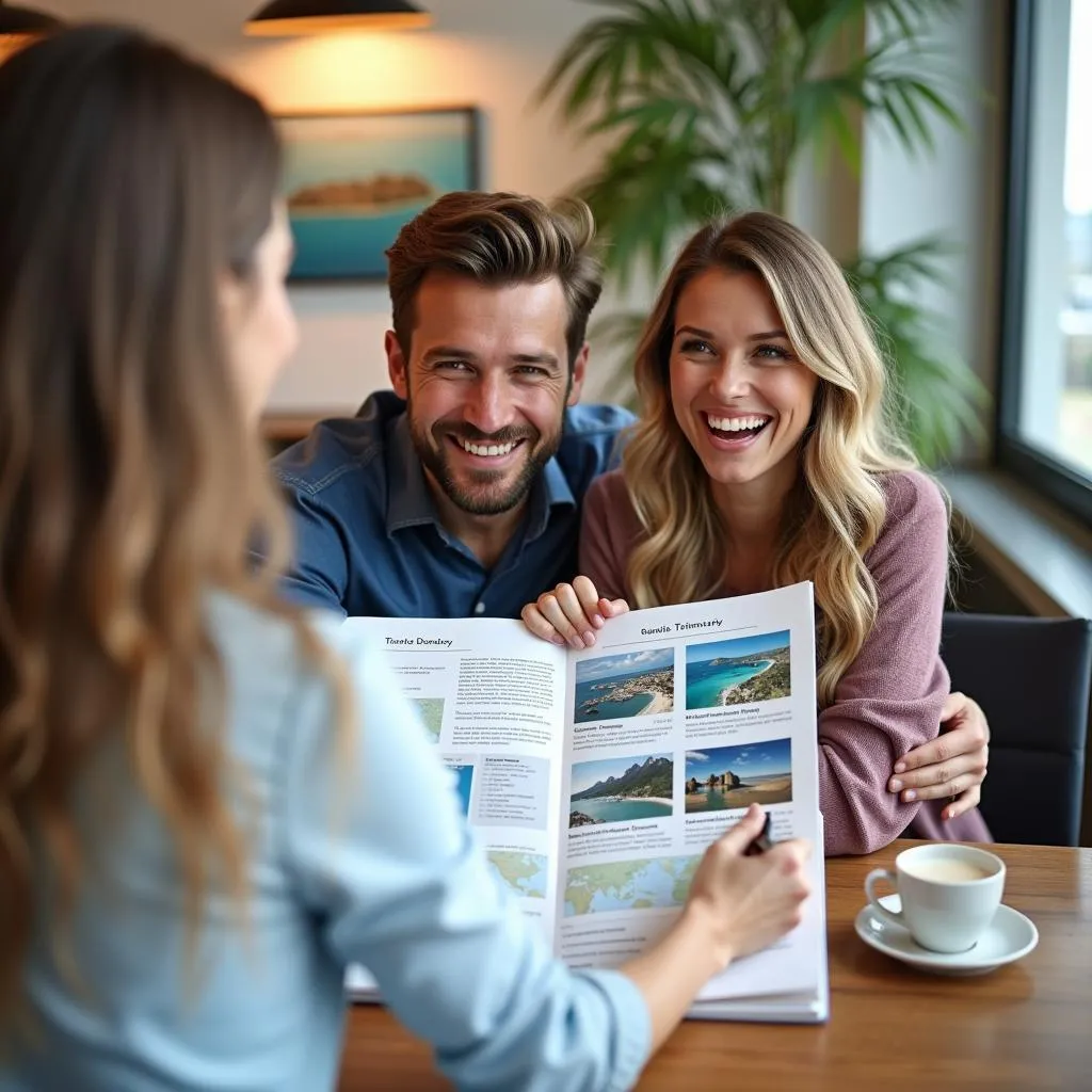 Couple reviewing a personalized travel itinerary with their travel agent.