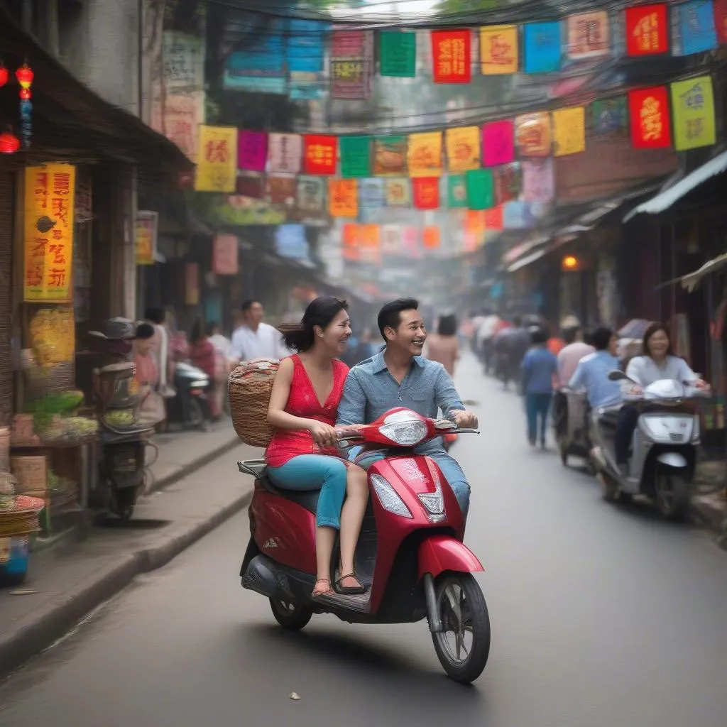 Couple riding a scooter in Hanoi Old Quarter 